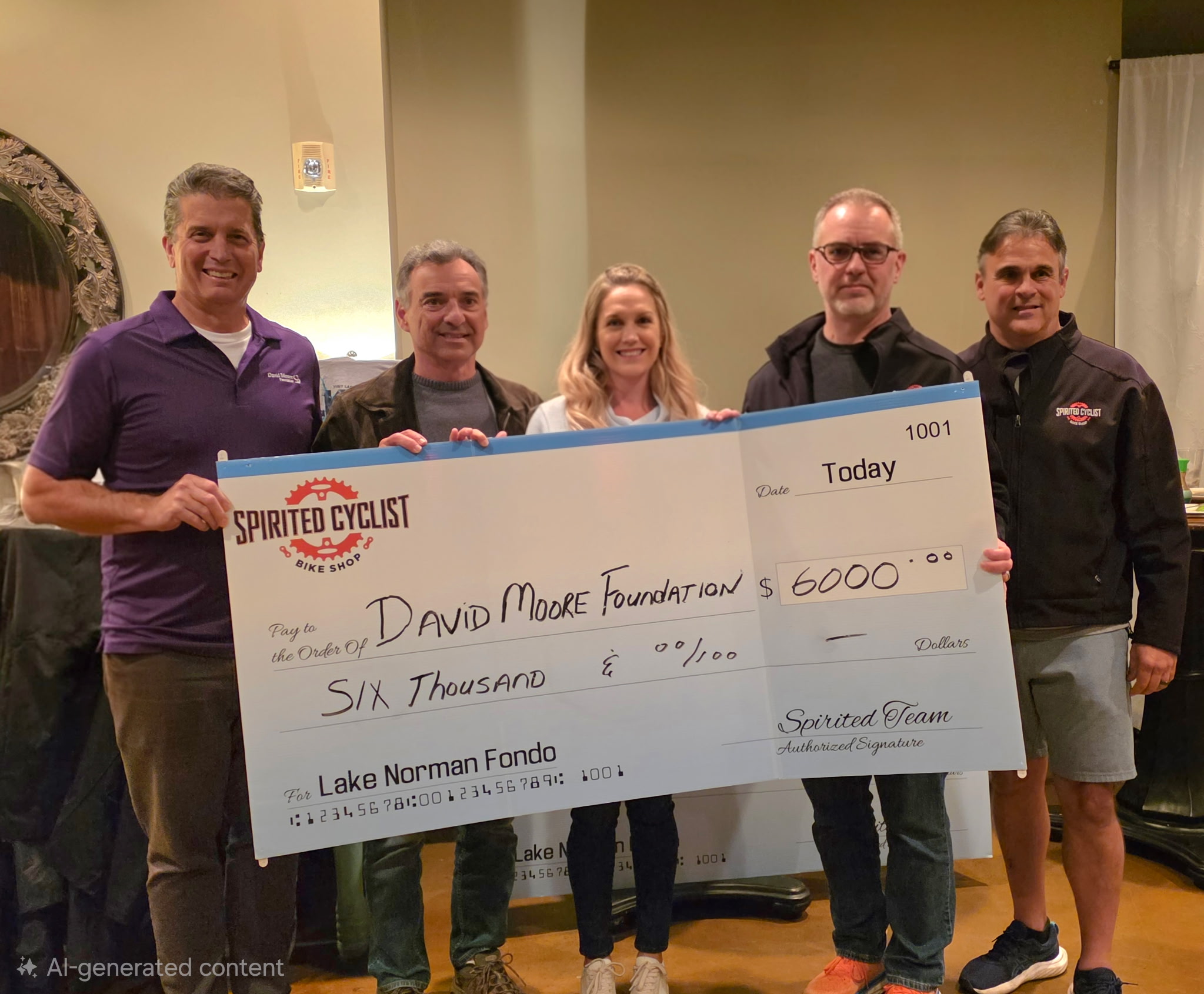 $6,000 check presented to the David Moore Foundation from the Lake Norman Fondo Charity Ride